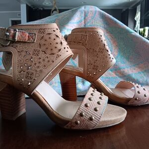 Tan Laser-Cut Block Heel Sandals